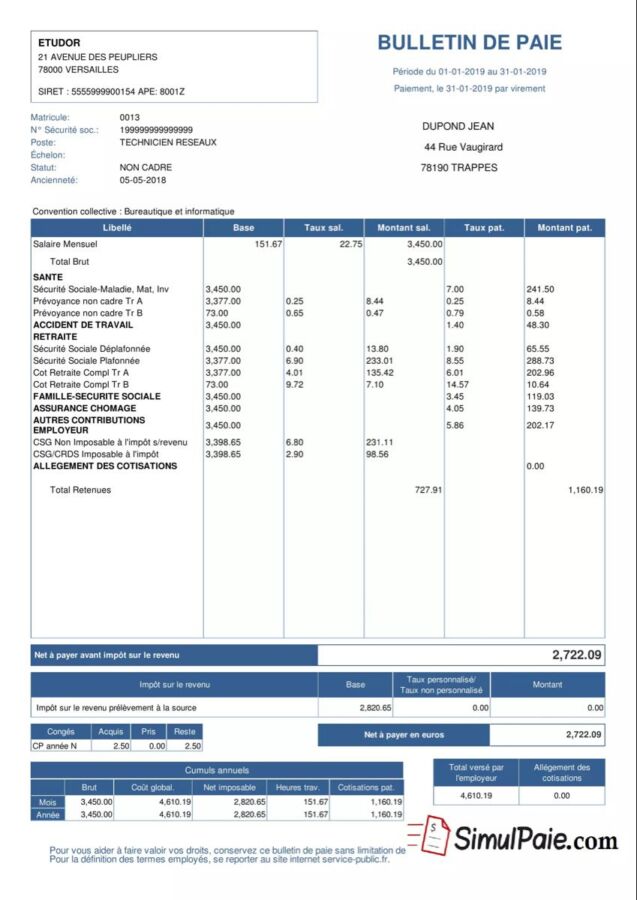 Calcul salaire net centenaire